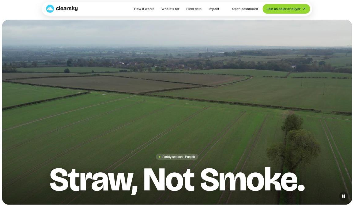 The clearsky home page. An aerial film of green Punjab fields fills a rounded frame, with a small chip reading "Paddy season · Punjab" and the headline "Straw, Not Smoke." in large white type. The nav bar above has How it works, Who it's for, Field data, Impact, Open dashboard, and a lime button "Join as baler or buyer".