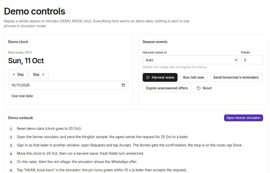 The admin Demo controls page: a demo clock (real today Sun, 11 Oct, with previous/next day buttons and "Use real date"), season events (Harvest wave in Auto, 5 fields, buttons for Harvest wave, Run risk now, Send tomorrow's reminders, Expire unanswered offers, Reset), and a numbered demo runbook starting "Reset demo data (clock goes to 20 Oct)" and "Open the farmer simulator and send the Hinglish sample".